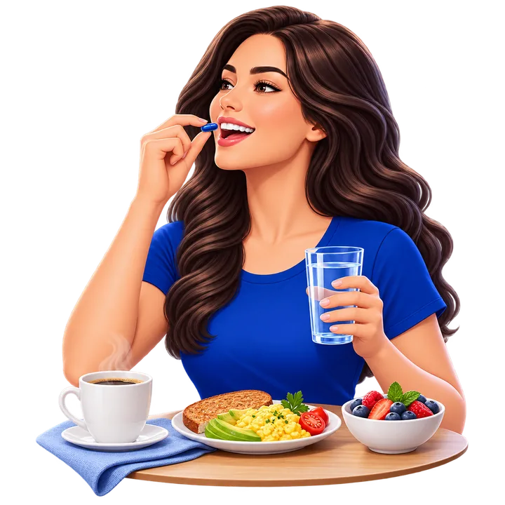 Ilustração de pessoa ingerindo cápsula após o café da manhã